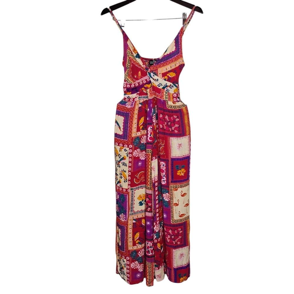 Angie Patchwork Wide Leg Jumpsuit Womens Medium‎ Tropical Fruit Vacay Boho Crop